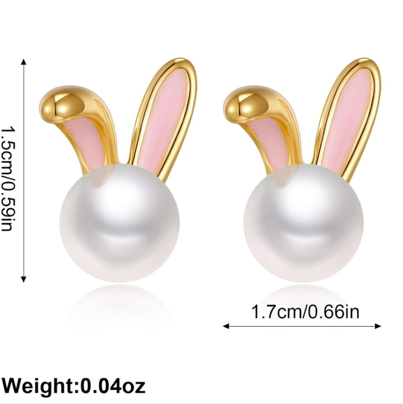 Gold And Pink White Faux Pearl Rabbit Earrings NWT - Picture 6 of 7